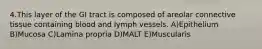 4.This layer of the GI tract is composed of areolar connective tissue containing blood and lymph vessels. A)Epithelium B)Mucosa C)Lamina propria D)MALT E)Muscularis