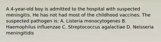 A 4-year-old boy is admitted to the hospital with suspected meningitis. He has not had most of the childhood vaccines. The suspected pathogen is: A. Listeria monocytogenes B. Haemophilus influenzae C. Streptococcus agalactiae D. Neisseria meningitidis