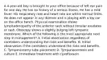 A 4-year-old boy is brought to your office because of left ear pain for one day. He has no history of a serious illness. He has a mild fever. His respiratory rate and heart rate are within normal limits. He does not appear in any distress and is playing with a toy car on the office bench. Physical examination shows lymphadenopathy of the anterior neck without tonsilar exudates or rash. Otoscopy shows a slightly bulging left tympanic membrane. Which of the following is the most appropriate next step in management? A. Initial observation regardless of caretakers understanding the risks and benefits. B. Initial observation if the caretakers understand the risks and benefits. C. Tympanostomy tube placement D. Tympanocentesis and culture E. Immediate treatment with ciprofloxacin