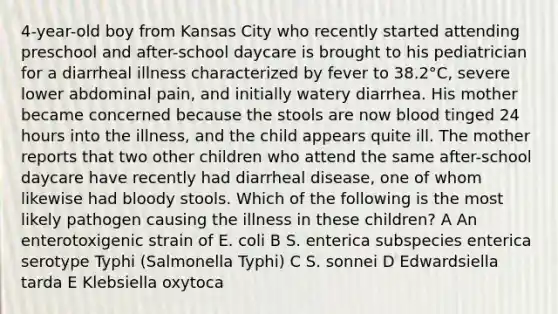 4-year-old boy from Kansas City who recently started attending preschool and after-school daycare is brought to his pediatrician for a diarrheal illness characterized by fever to 38.2°C, severe lower abdominal pain, and initially watery diarrhea. His mother became concerned because the stools are now blood tinged 24 hours into the illness, and the child appears quite ill. The mother reports that two other children who attend the same after-school daycare have recently had diarrheal disease, one of whom likewise had bloody stools. Which of the following is the most likely pathogen causing the illness in these children? A An enterotoxigenic strain of E. coli B S. enterica subspecies enterica serotype Typhi (Salmonella Typhi) C S. sonnei D Edwardsiella tarda E Klebsiella oxytoca