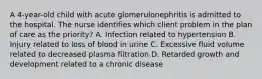 A 4-year-old child with acute glomerulonephritis is admitted to the hospital. The nurse identifies which client problem in the plan of care as the priority? A. Infection related to hypertension B. Injury related to loss of blood in urine C. Excessive fluid volume related to decreased plasma filtration D. Retarded growth and development related to a chronic disease