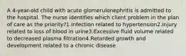 A 4-year-old child with acute glomerulonephritis is admitted to the hospital. The nurse identifies which client problem in the plan of care as the priority?1.Infection related to hypertension2.Injury related to loss of blood in urine3.Excessive fluid volume related to decreased plasma filtration4.Retarded growth and development related to a chronic disease