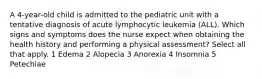 A 4-year-old child is admitted to the pediatric unit with a tentative diagnosis of acute lymphocytic leukemia (ALL). Which signs and symptoms does the nurse expect when obtaining the health history and performing a physical assessment? Select all that apply. 1 Edema 2 Alopecia 3 Anorexia 4 Insomnia 5 Petechiae