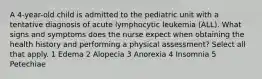 A 4-year-old child is admitted to the pediatric unit with a tentative diagnosis of acute lymphocytic leukemia (ALL). What signs and symptoms does the nurse expect when obtaining the health history and performing a physical assessment? Select all that apply. 1 Edema 2 Alopecia 3 Anorexia 4 Insomnia 5 Petechiae