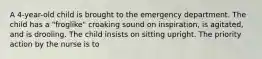 A 4-year-old child is brought to the emergency department. The child has a "froglike" croaking sound on inspiration, is agitated, and is drooling. The child insists on sitting upright. The priority action by the nurse is to