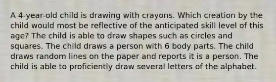 A 4-year-old child is drawing with crayons. Which creation by the child would most be reflective of the anticipated skill level of this age? The child is able to draw shapes such as circles and squares. The child draws a person with 6 body parts. The child draws random lines on the paper and reports it is a person. The child is able to proficiently draw several letters of the alphabet.