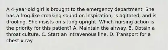 A 4-year-old girl is brought to the emergency department. She has a frog-like croaking sound on inspiration, is agitated, and is drooling. She insists on sitting upright. Which nursing action is the priority for this patient? A. Maintain the airway. B. Obtain a throat culture. C. Start an intravenous line. D. Transport for a chest x-ray.