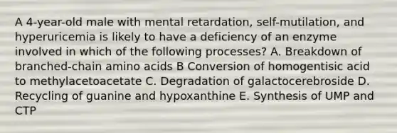 A 4-year-old male with mental retardation, self-mutilation, and hyperuricemia is likely to have a deficiency of an enzyme involved in which of the following processes? A. Breakdown of branched-chain amino acids B Conversion of homogentisic acid to methylacetoacetate C. Degradation of galactocerebroside D. Recycling of guanine and hypoxanthine E. Synthesis of UMP and CTP