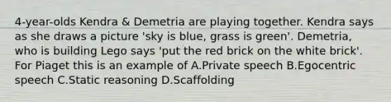 4-year-olds Kendra & Demetria are playing together. Kendra says as she draws a picture 'sky is blue, grass is green'. Demetria, who is building Lego says 'put the red brick on the white brick'. For Piaget this is an example of A.Private speech B.Egocentric speech C.Static reasoning D.Scaffolding