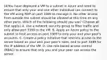 (4)You have deployed a VM to a subnet in Azure and need to ensure that only your and one other individual can connect to the VM using RDP on port 3389 to manage it. No other access from outside the subnet should be allowed at this time on any other ports. Which of the following should you use? (Choose all that apply.) A. Use a network security group to filter traffic and only allow port 3389 to the VM. B. Apply an Azure policy to the subnet to limit access on port 3389 to only your and your peer's accounts. C. Create a policy initiative that restricts access to the server based on your and your peer's roles, and to port 3389 for the IP address of the VM. D. Use role-based access control (RBAC) to ensure that only you and your peer can access the server.