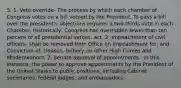 5. 1. Veto override- The process by which each chamber of Congress votes on a bill vetoed by the President. To pass a bill over the president's objections requires a two-thirds vote in each Chamber. Historically, Congress has overridden fewer than ten percent of all presidential vetoes. act. 2. Impeachment of civil officers- shall be removed from Office on Impeachment for, and Conviction of, treason, bribery, or other High Crimes and Misdemeanors. 3. Senate approval of appointments - in this instance, the power to approve appointments by the President of the United States to public positions, including Cabinet secretaries, federal judges, and ambassadors.