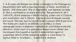 5. A 47-year-old female bus driver is brought to the Emergency Department (ED) with a two-day history of fever, shortness of breath, and chest pain. She is diaphoretic and appears acutely ill. She is confused as to place and time. Temperature is 38°C (100.4°F), blood pressure is 88/60 mm Hg, pulse rate is 110/min, and respiration rate is 28/min. Coarse bronchial breath sounds are heard. She has had no recent known contact with ill persons. The leukocyte count is 15,000/QL (15 x109/L). A chest radiograph shows a widened mediastinum and bilateral pleural effusions. Gram stain of a peripheral blood smear shows' box car-shaped Gram-positive bacilli. A bioterrorism agent is suspected. Which of the following agents is most likely? a. Typhus fever b. Smallpox c . Tularemia d. Anthrax