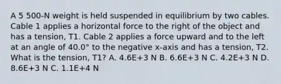 A 5 500-N weight is held suspended in equilibrium by two cables. Cable 1 applies a horizontal force to the right of the object and has a tension, T1. Cable 2 applies a force upward and to the left at an angle of 40.0° to the negative x-axis and has a tension, T2. What is the tension, T1? A. 4.6E+3 N B. 6.6E+3 N C. 4.2E+3 N D. 8.6E+3 N C. 1.1E+4 N