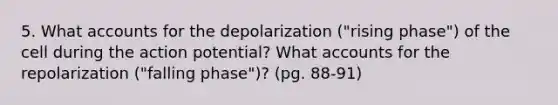 5. What accounts for the depolarization ("rising phase") of the cell during the action potential? What accounts for the repolarization ("falling phase")? (pg. 88-91)