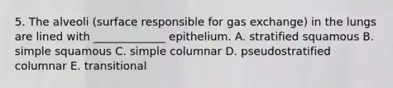 5. The alveoli (surface responsible for gas exchange) in the lungs are lined with _____________ epithelium. A. stratified squamous B. simple squamous C. simple columnar D. pseudostratified columnar E. transitional