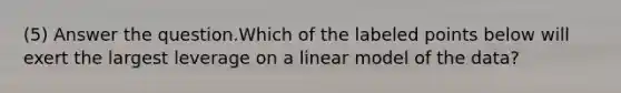 (5) Answer the question.Which of the labeled points below will exert the largest leverage on a linear model of the data?