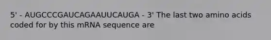 5' - AUGCCCGAUCAGAAUUCAUGA - 3' The last two <a href='https://www.questionai.com/knowledge/k9gb720LCl-amino-acids' class='anchor-knowledge'>amino acids</a> coded for by this mRNA sequence are