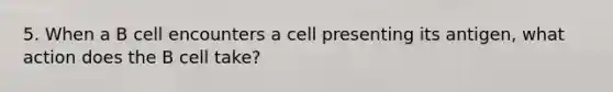 5. When a B cell encounters a cell presenting its antigen, what action does the B cell take?