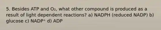 5. Besides ATP and O₂, what other compound is produced as a result of light dependent reactions? a) NADPH (reduced NADP) b) glucose c) NADP⁺ d) ADP