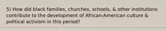 5) How did black families, churches, schools, & other institutions contribute to the development of African-American culture & political activism in this period?