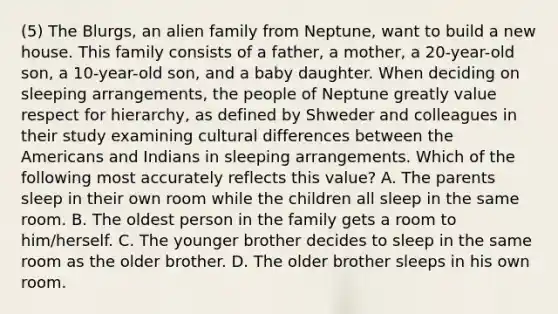 (5) The Blurgs, an alien family from Neptune, want to build a new house. This family consists of a father, a mother, a 20-year-old son, a 10-year-old son, and a baby daughter. When deciding on sleeping arrangements, the people of Neptune greatly value respect for hierarchy, as defined by Shweder and colleagues in their study examining cultural differences between the Americans and Indians in sleeping arrangements. Which of the following most accurately reflects this value? A. The parents sleep in their own room while the children all sleep in the same room. B. The oldest person in the family gets a room to him/herself. C. The younger brother decides to sleep in the same room as the older brother. D. The older brother sleeps in his own room.