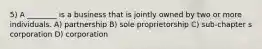 5) A ________ is a business that is jointly owned by two or more individuals. A) partnership B) sole proprietorship C) sub-chapter s corporation D) corporation