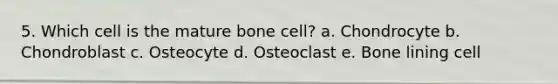 5. Which cell is the mature bone cell? a. Chondrocyte b. Chondroblast c. Osteocyte d. Osteoclast e. Bone lining cell