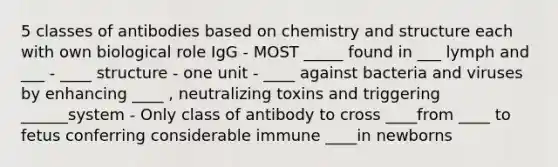 5 classes of antibodies based on chemistry and structure each with own biological role IgG - MOST _____ found in ___ lymph and ___ - ____ structure - one unit - ____ against bacteria and viruses by enhancing ____ , neutralizing toxins and triggering ______system - Only class of antibody to cross ____from ____ to fetus conferring considerable immune ____in newborns