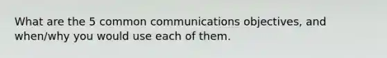 What are the 5 common communications objectives, and when/why you would use each of them.