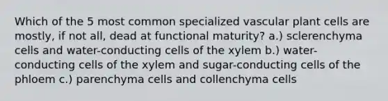 Which of the 5 most common specialized vascular plant cells are mostly, if not all, dead at functional maturity? a.) sclerenchyma cells and water-conducting cells of the xylem b.) water-conducting cells of the xylem and sugar-conducting cells of the phloem c.) parenchyma cells and collenchyma cells