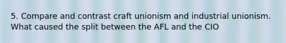 5. Compare and contrast craft unionism and industrial unionism. What caused the split between the AFL and the CIO