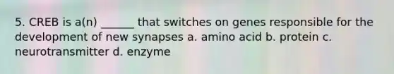 5. CREB is a(n) ______ that switches on genes responsible for the development of new synapses a. amino acid b. protein c. neurotransmitter d. enzyme