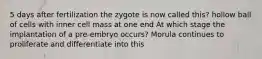 5 days after fertilization the zygote is now called this? hollow ball of cells with inner cell mass at one end At which stage the implantation of a pre-embryo occurs? Morula continues to proliferate and differentiate into this