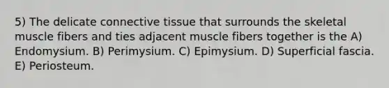 5) The delicate <a href='https://www.questionai.com/knowledge/kYDr0DHyc8-connective-tissue' class='anchor-knowledge'>connective tissue</a> that surrounds the skeletal muscle fibers and ties adjacent muscle fibers together is the A) Endomysium. B) Perimysium. C) Epimysium. D) Superficial fascia. E) Periosteum.