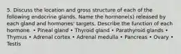 5. Discuss the location and gross structure of each of the following endocrine glands. Name the hormone(s) released by each gland and hormones' targets. Describe the function of each hormone. • Pineal gland • Thyroid gland • Parathyroid glands • Thymus • Adrenal cortex • Adrenal medulla • Pancreas • Ovary • Testis