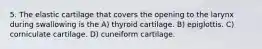 5. The elastic cartilage that covers the opening to the larynx during swallowing is the A) thyroid cartilage. B) epiglottis. C) corniculate cartilage. D) cuneiform cartilage.