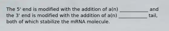 The 5' end is modified with the addition of a(n) ____________ and the 3' end is modified with the addition of a(n) ____________ tail, both of which stabilize the mRNA molecule.