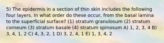 5) <a href='https://www.questionai.com/knowledge/kBFgQMpq6s-the-epidermis' class='anchor-knowledge'>the epidermis</a> in a section of thin skin includes the following four layers. In what order do these occur, from the basal lamina to the superficial surface? (1) stratum granulosum (2) stratum corneum (3) stratum basale (4) stratum spinosum A) 1, 2, 3, 4 B) 3, 4, 1, 2 C) 4, 3, 2, 1 D) 3, 2, 4, 1 E) 1, 3, 4, 2