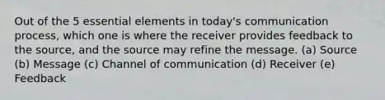 Out of the 5 <a href='https://www.questionai.com/knowledge/kqSssz4B6a-essential-elements' class='anchor-knowledge'>essential elements</a> in today's communication process, which one is where the receiver provides feedback to the source, and the source may refine the message. (a) Source (b) Message (c) Channel of communication (d) Receiver (e) Feedback