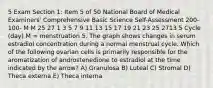 5 Exam Section 1: Item 5 of 50 National Board of Medical Examiners' Comprehensive Basic Science Self-Assessment 200- 100- M M 25 27 1 3 5 7 9 11 13 15 17 19 21 23 25 2713 5 Cycle (day) M = menstruation 5. The graph shows changes in serum estradiol concentration during a normal menstrual cycle. Which of the following ovarian cells is primarily responsible for the aromatization of androstenedione to estradiol at the time indicated by the arrow? A) Granulosa B) Luteal C) Stromal D) Theca externa E) Theca interna