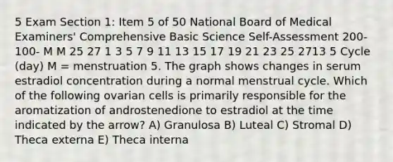 5 Exam Section 1: Item 5 of 50 National Board of Medical Examiners' Comprehensive Basic Science Self-Assessment 200- 100- M M 25 27 1 3 5 7 9 11 13 15 17 19 21 23 25 2713 5 Cycle (day) M = menstruation 5. The graph shows changes in serum estradiol concentration during a normal menstrual cycle. Which of the following ovarian cells is primarily responsible for the aromatization of androstenedione to estradiol at the time indicated by the arrow? A) Granulosa B) Luteal C) Stromal D) Theca externa E) Theca interna