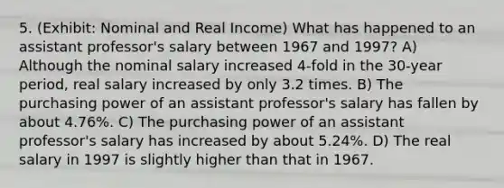 5. (Exhibit: Nominal and Real Income) What has happened to an assistant professor's salary between 1967 and 1997? A) Although the nominal salary increased 4-fold in the 30-year period, real salary increased by only 3.2 times. B) The purchasing power of an assistant professor's salary has fallen by about 4.76%. C) The purchasing power of an assistant professor's salary has increased by about 5.24%. D) The real salary in 1997 is slightly higher than that in 1967.