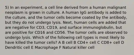 5) In an experiment, a cell line derived from a human malignant neoplasm is grown in culture. A human IgG antibody is added to the culture, and the tumor cells become coated by the antibody, but they do not undergo lysis. Next, human cells are added that are negative for CD3, CD19, and surface immunoglobulin, but are positive for CD16 and CD56. The tumor cells are observed to undergo lysis. Which of the following cell types is most likely to have killed the tumor cells? A B cell B CD4+ cell C CD8+ cell D Dendritic cell E Macrophage F Natural killer cell