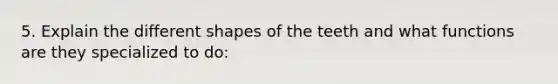 5. Explain the different shapes of the teeth and what functions are they specialized to do: