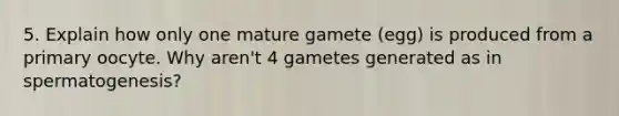 5. Explain how only one mature gamete (egg) is produced from a primary oocyte. Why aren't 4 gametes generated as in spermatogenesis?