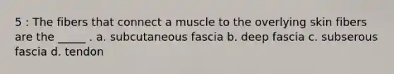 5 : The fibers that connect a muscle to the overlying skin fibers are the _____ . a. subcutaneous fascia b. deep fascia c. subserous fascia d. tendon