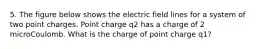 5. The figure below shows the electric field lines for a system of two point charges. Point charge q2 has a charge of 2 microCoulomb. What is the charge of point charge q1?