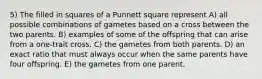 5) The filled in squares of a Punnett square represent A) all possible combinations of gametes based on a cross between the two parents. B) examples of some of the offspring that can arise from a one-trait cross. C) the gametes from both parents. D) an exact ratio that must always occur when the same parents have four offspring. E) the gametes from one parent.