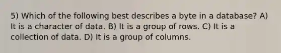 5) Which of the following best describes a byte in a database? A) It is a character of data. B) It is a group of rows. C) It is a collection of data. D) It is a group of columns.