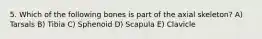 5. Which of the following bones is part of the axial skeleton? A) Tarsals B) Tibia C) Sphenoid D) Scapula E) Clavicle